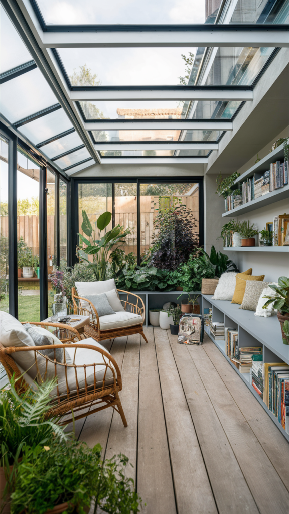 Sunroom with black window frames and white walls