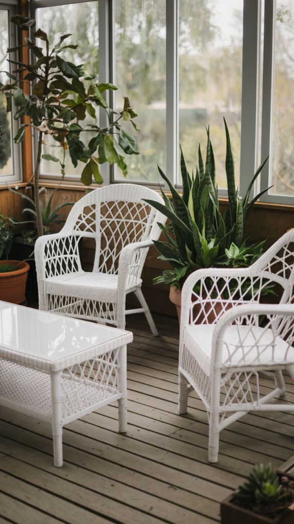 Sunroom with climbing plants and hanging planters