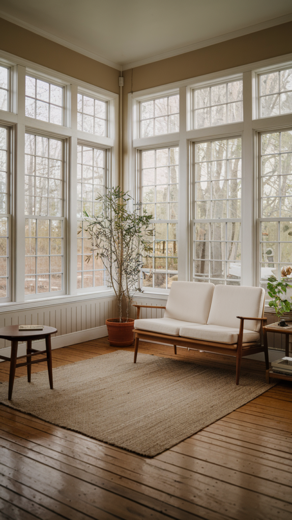 Sunroom dining space with large table and ambient lighting