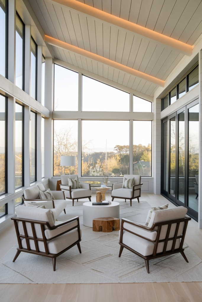Sunroom with geometric tile accents
