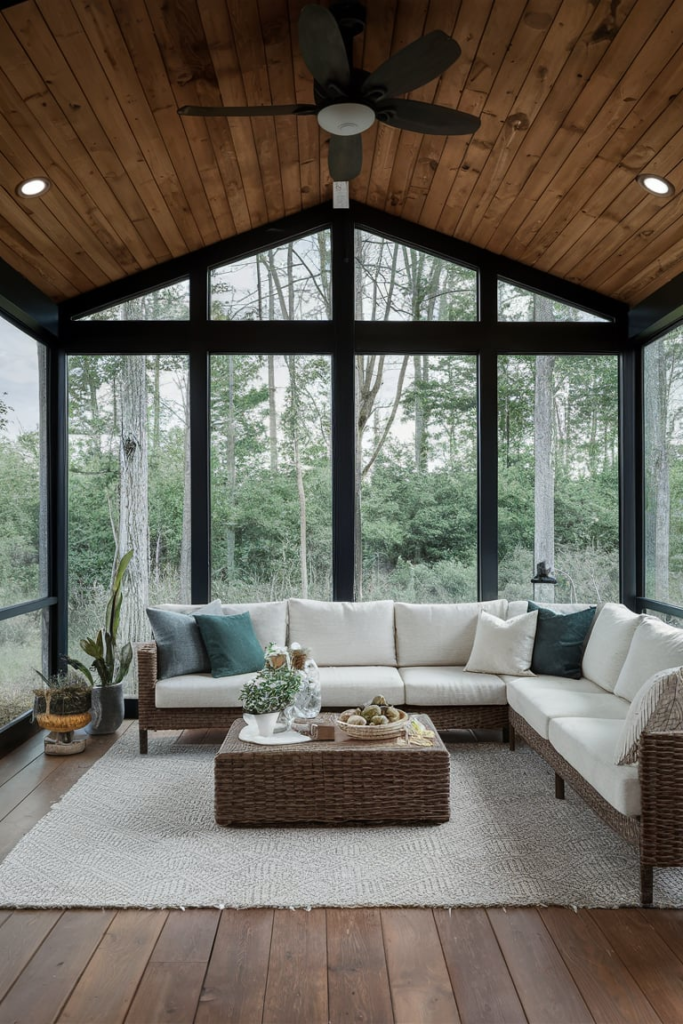 Sunroom with concrete floors and wooden accents