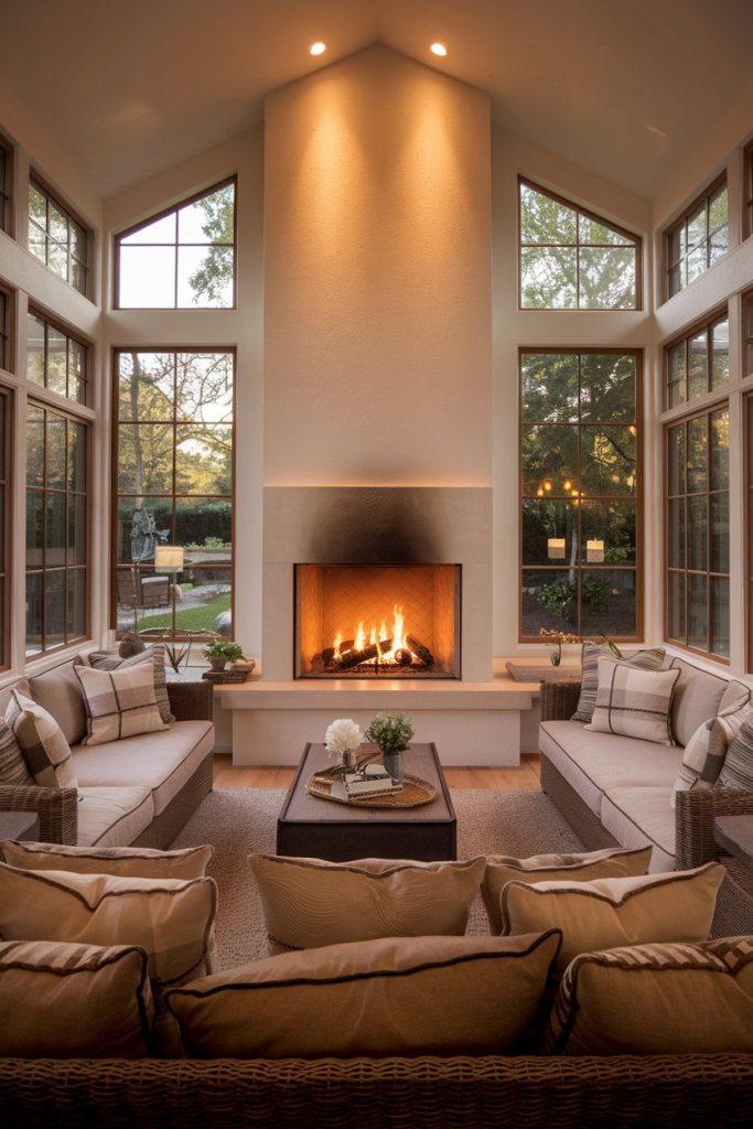 Sunroom with modern fireplace
