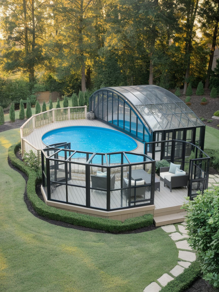 Glass railing pool deck