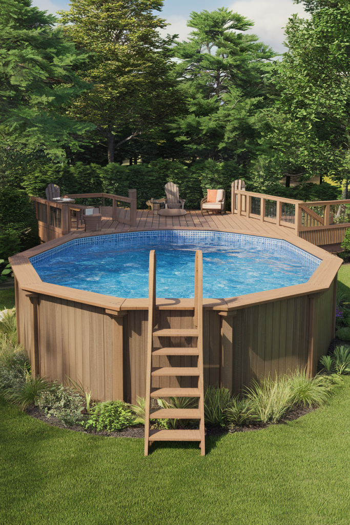 Stone and wood pool deck
