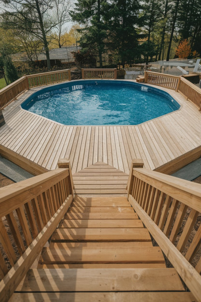 Pool deck with lush landscaping