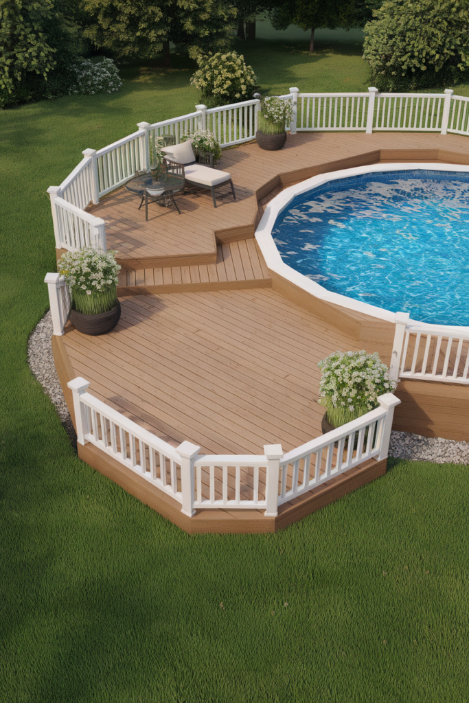 Floating deck connecting house to pool