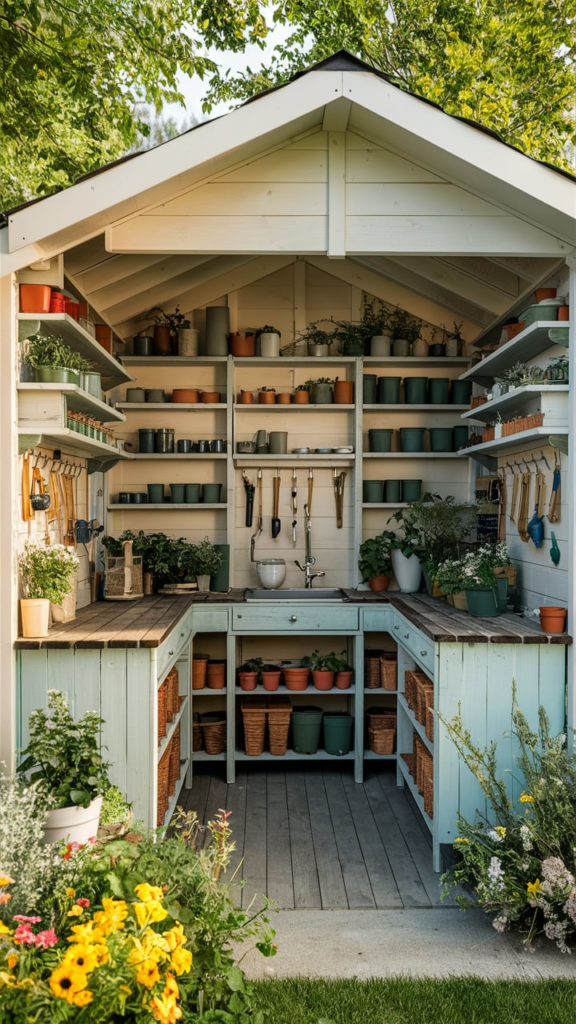 Compact triangular potting shed in a backyard corner
