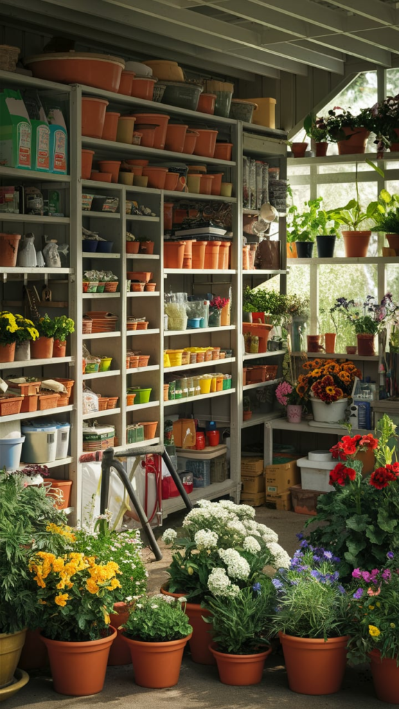 Vertical planter wall on potting shed exterior