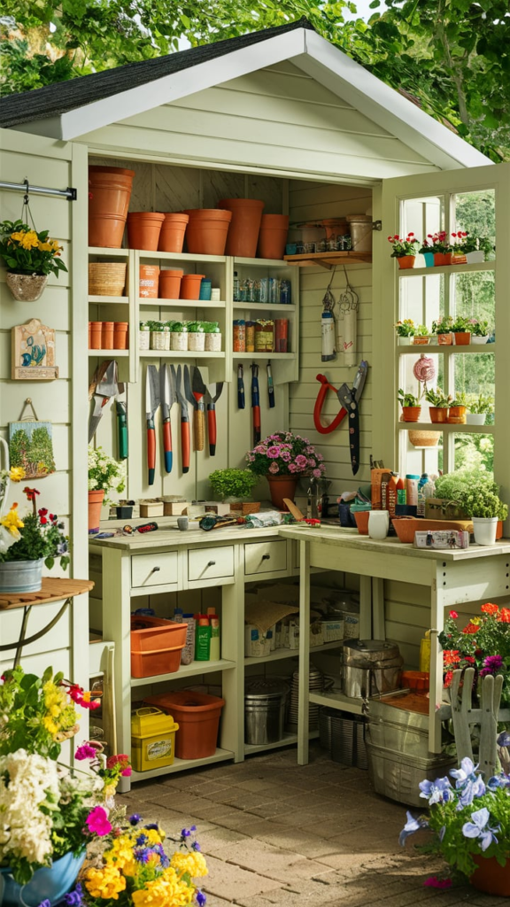 Cottagecore style potting shed with floral curtains