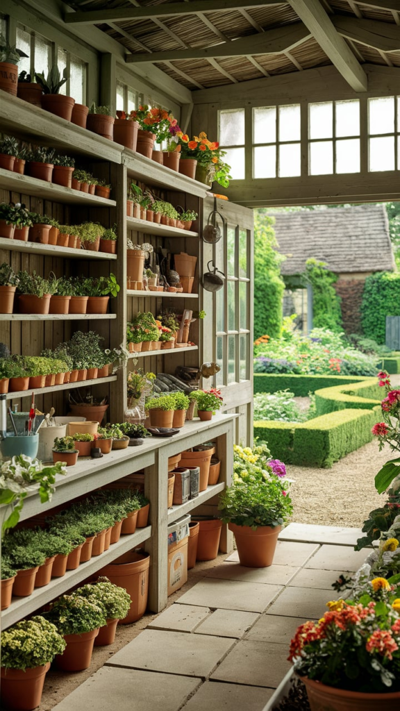 Organized potting shed with pegboards and labeled baskets