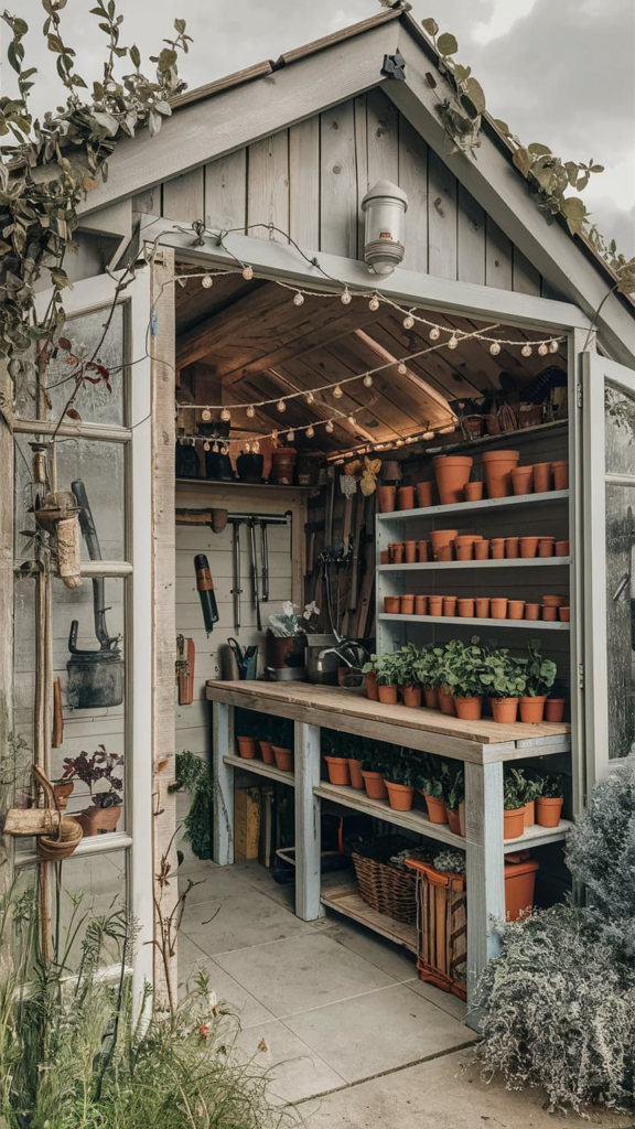 Potting shed combined with greenhouse panels