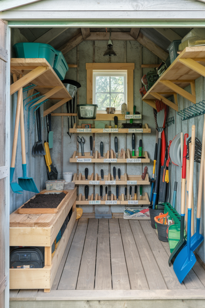 Potting shed with bins for seasonal gardening supplies
