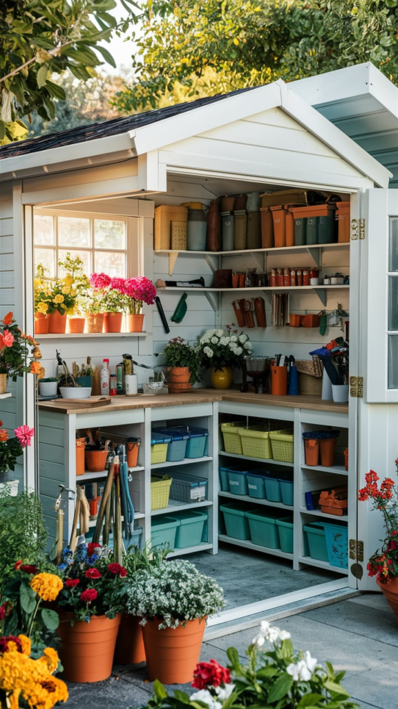 Potting shed with solar panels on roof