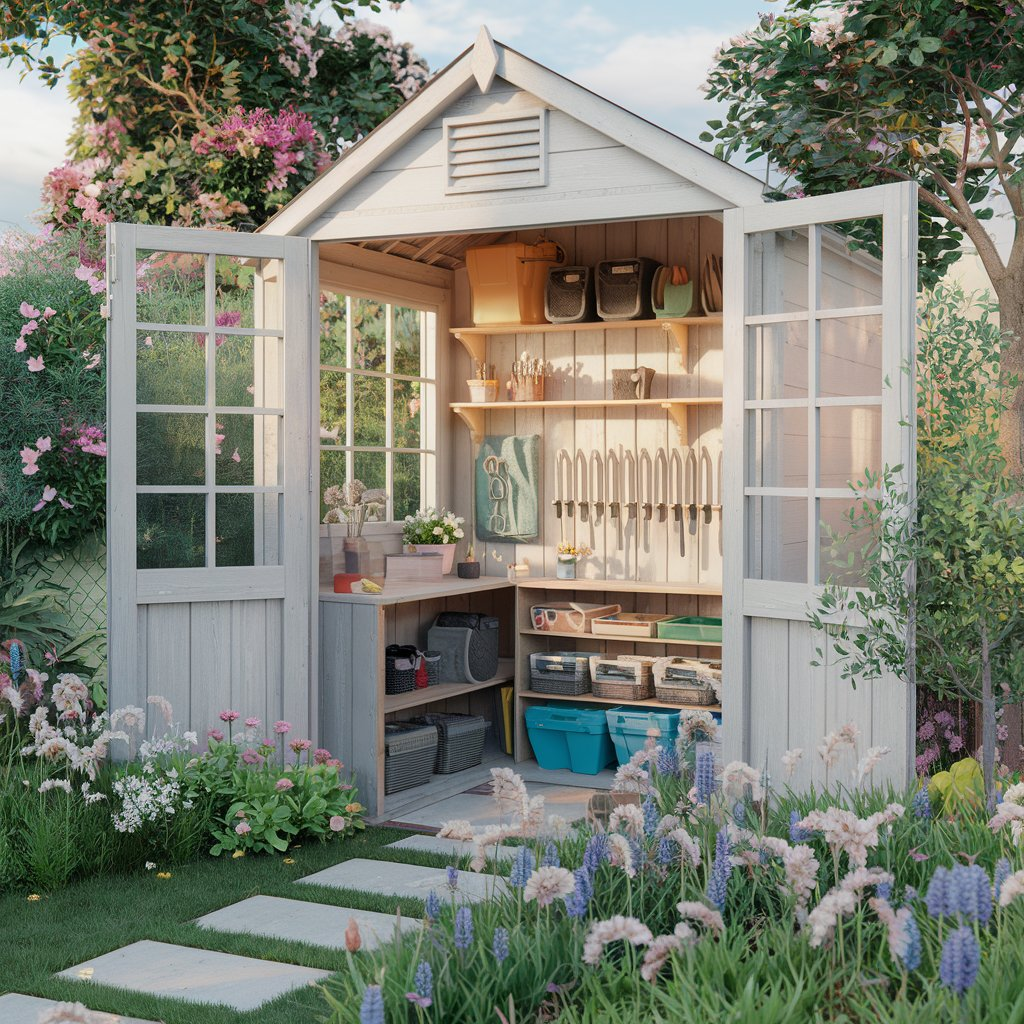 Small bookshelf with gardening books inside potting shed