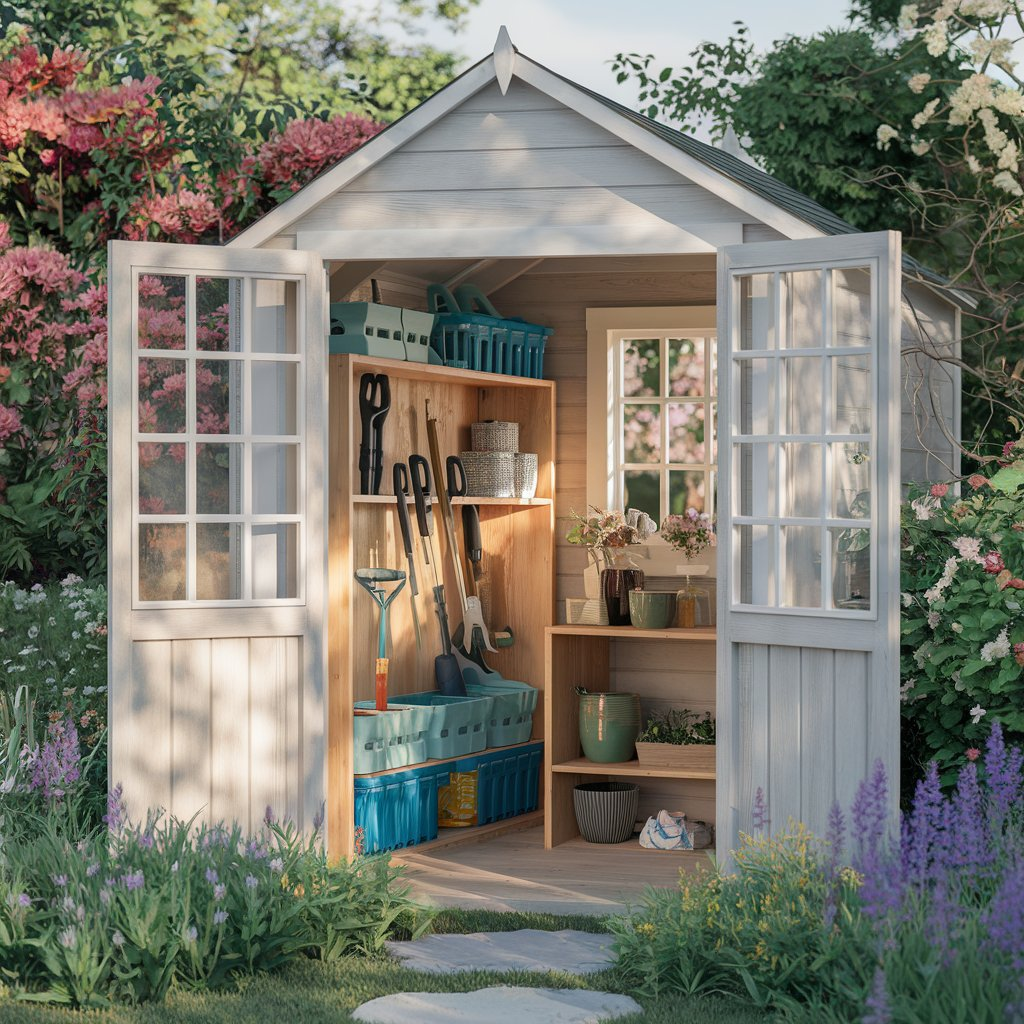 Color-coded bins and labels in potting shed