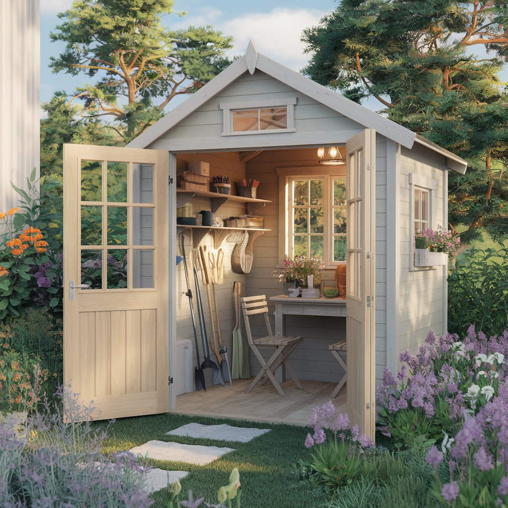 Gravel path lined with lavender leading to potting shed