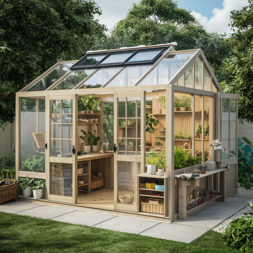 Mirror on potting shed wall reflecting light