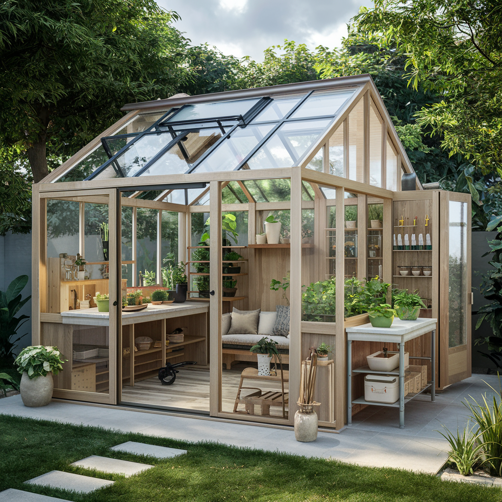 Potting shed decorated with photos and chalkboard wall