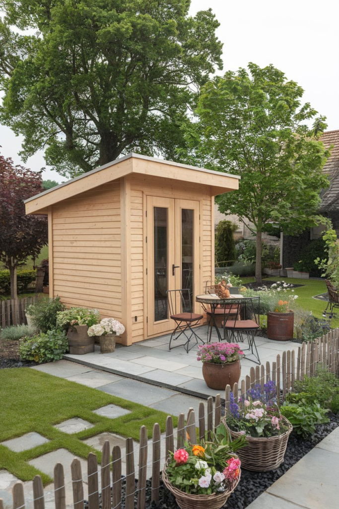 Stone pathway leading to a garden shed