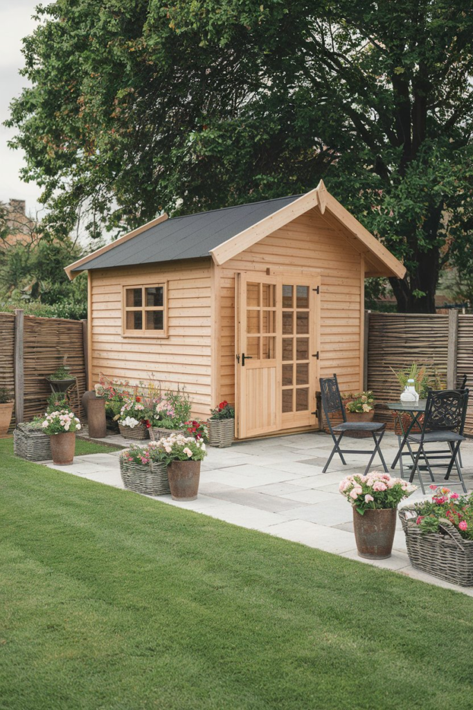 Wooden trellis at shed entrance