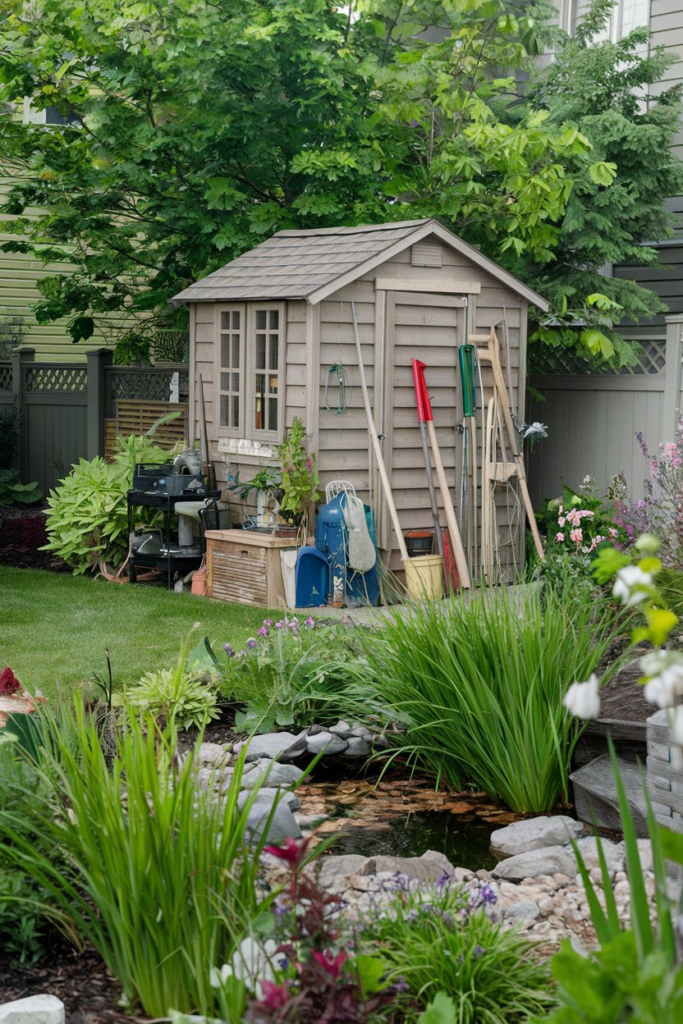 Small patio with chairs in front of shed