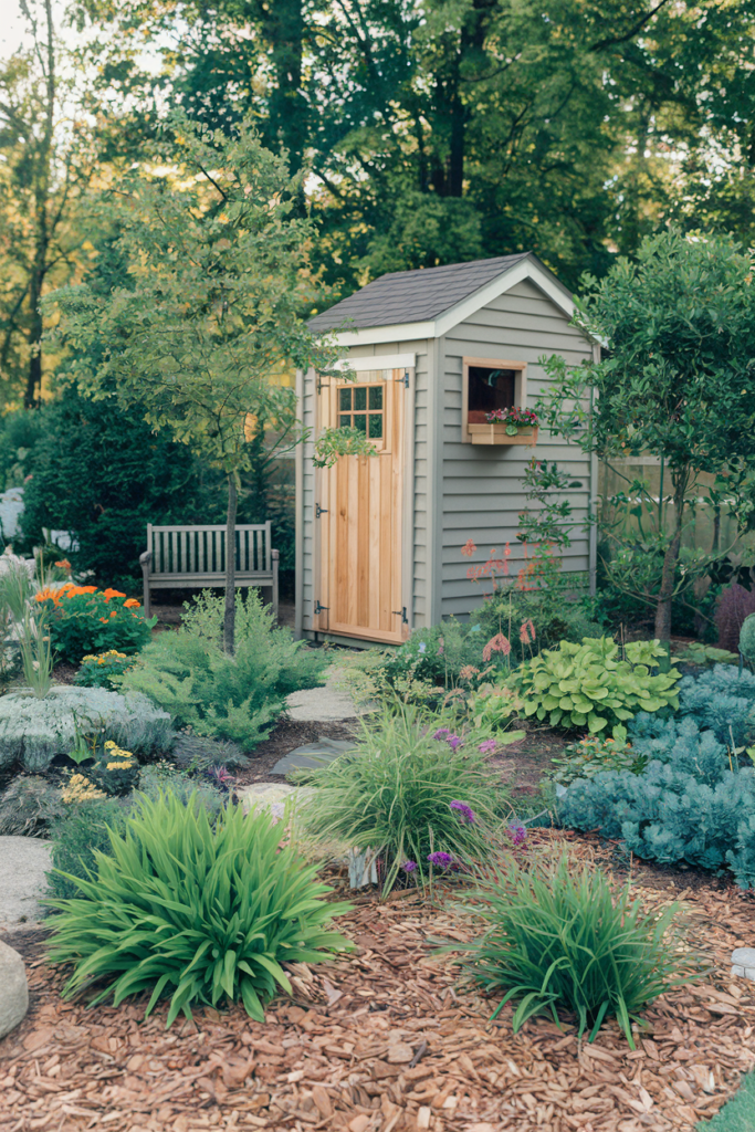 Gravel and mulch around shed