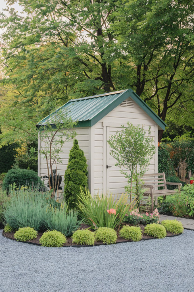 Window boxes with trailing flowers on shed
