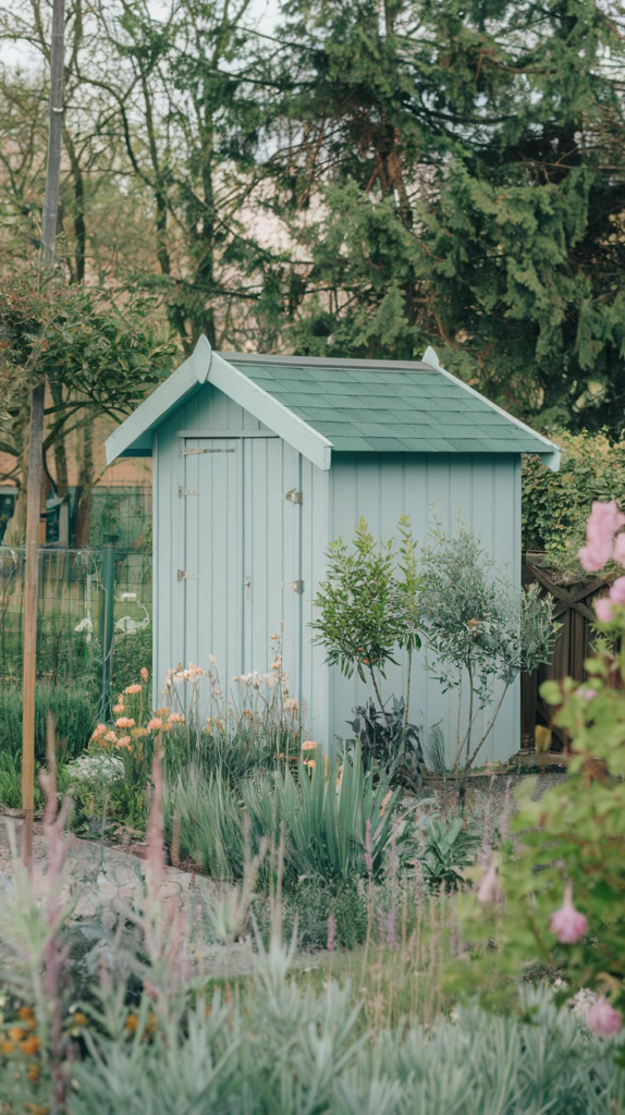 Shed with colorful shutters and trim