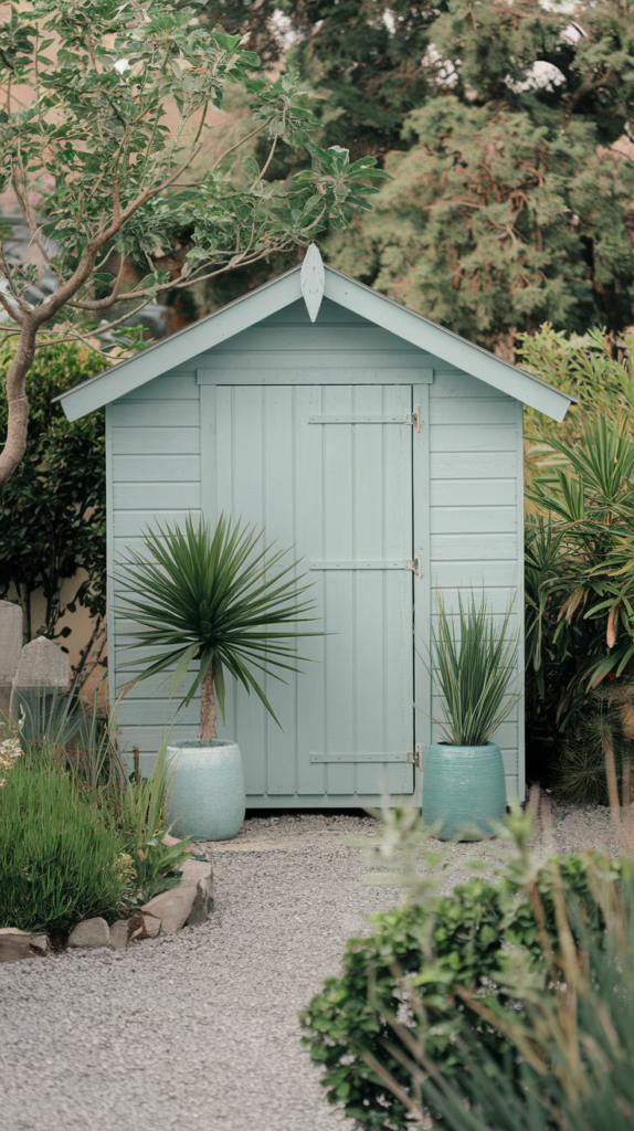 Rustic log and stone border around shed