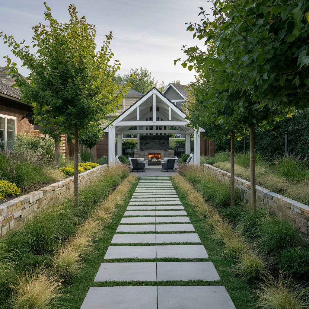 Potted topiaries flanking shed door