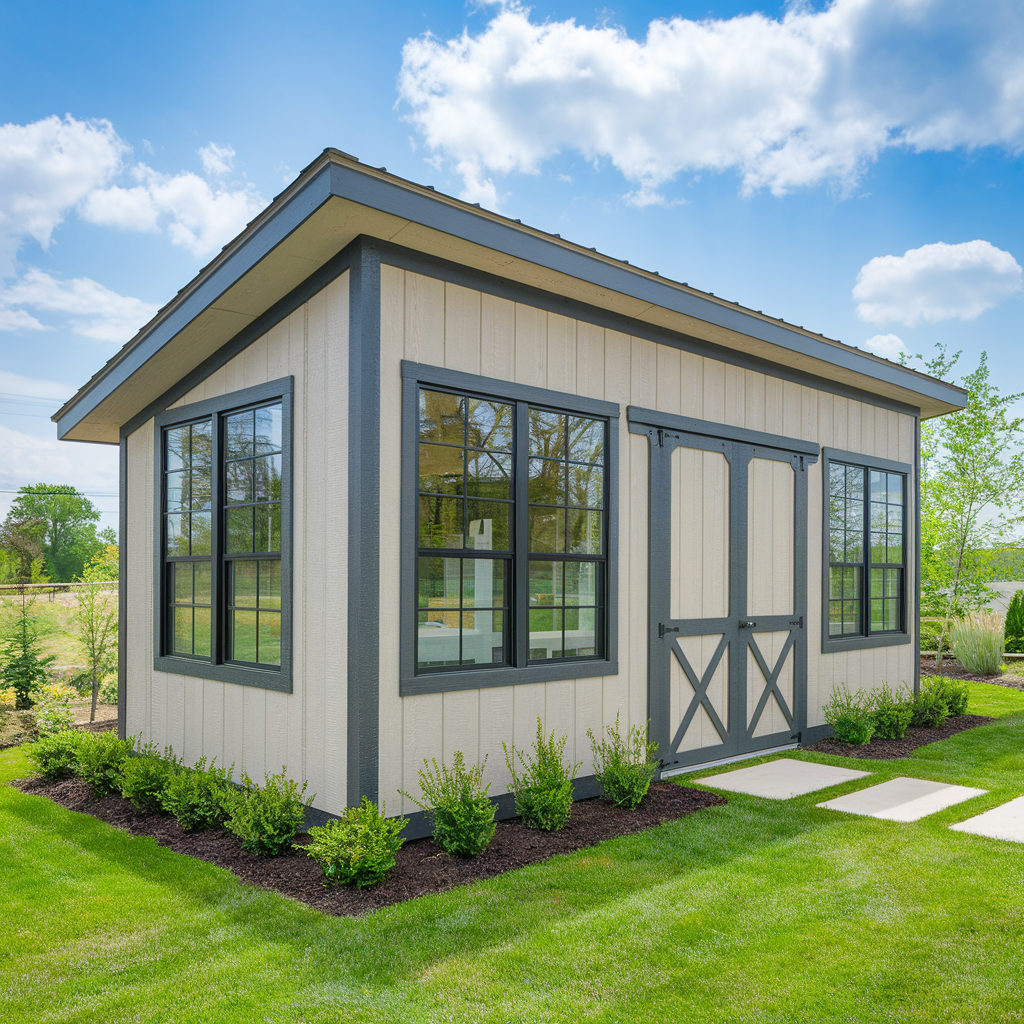 Whimsical garden art near shed