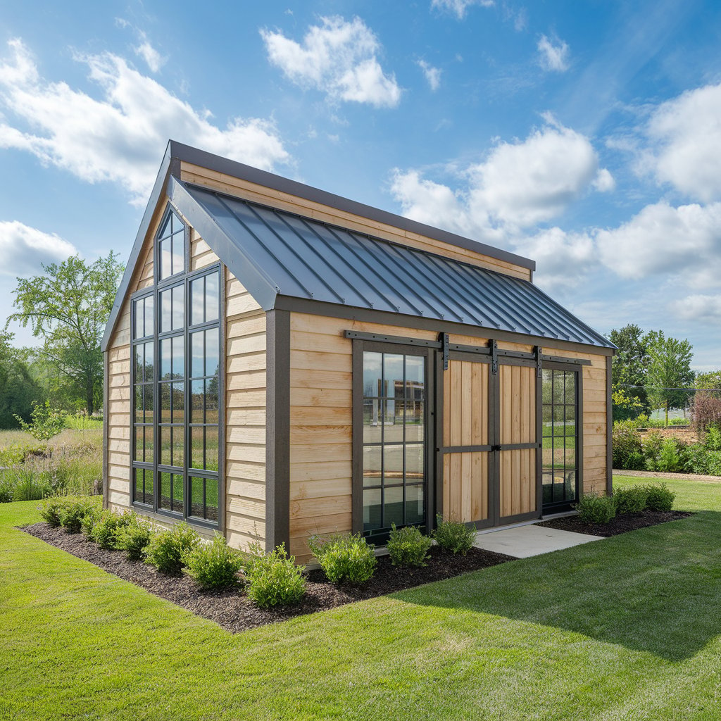 Seasonal flowers around garden shed