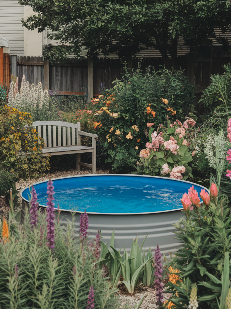 Stock tank pool with wooden deck