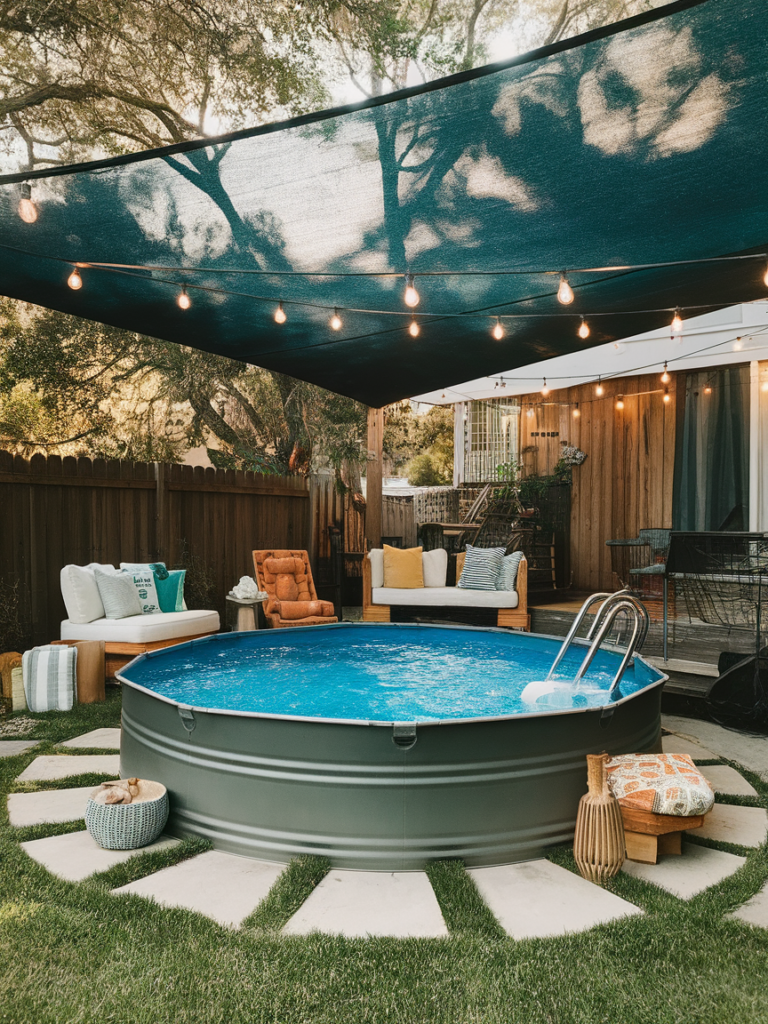 Stock tank pool near fire pit