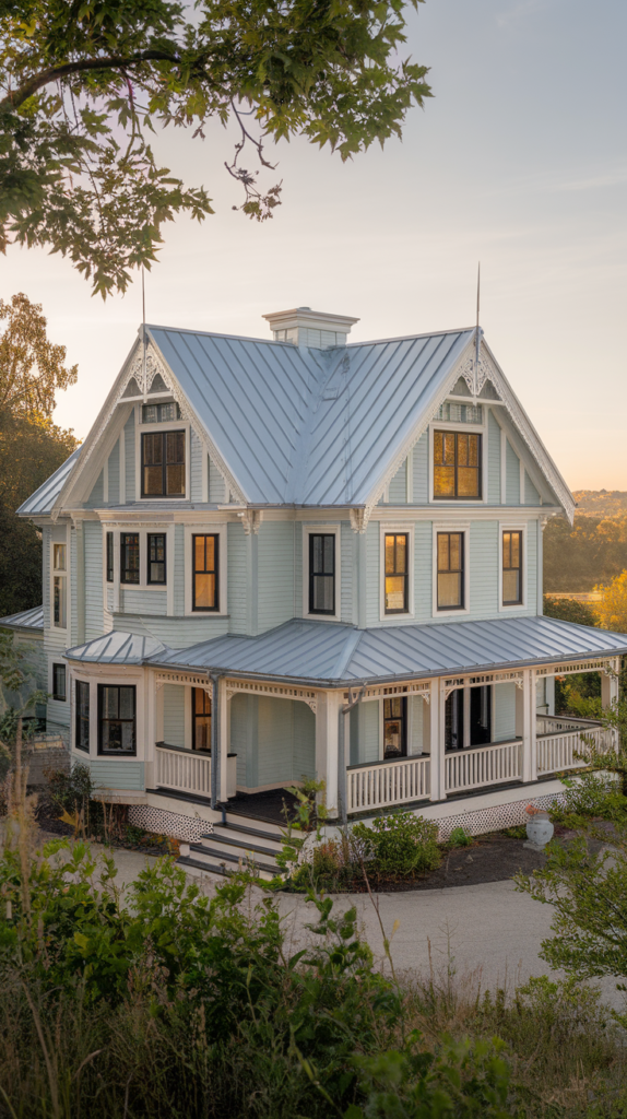 Modern farmhouse exterior with black window frames and metal roofing