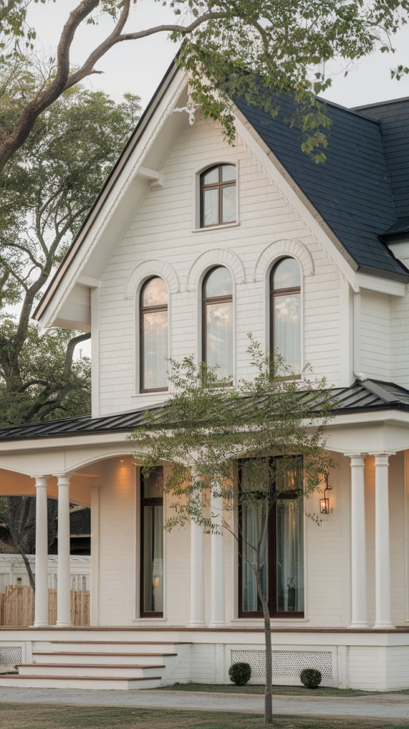 Black window frames on white farmhouse exterior