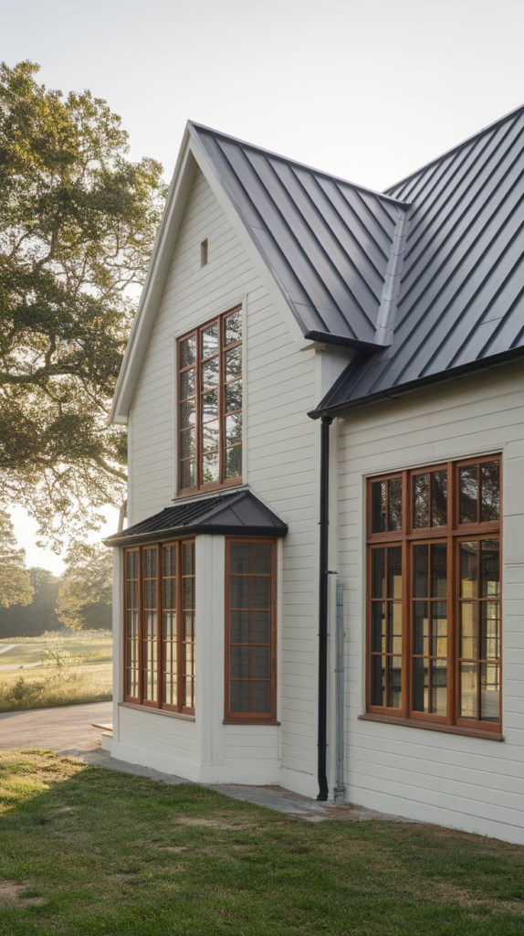 Large grid-style windows on farmhouse