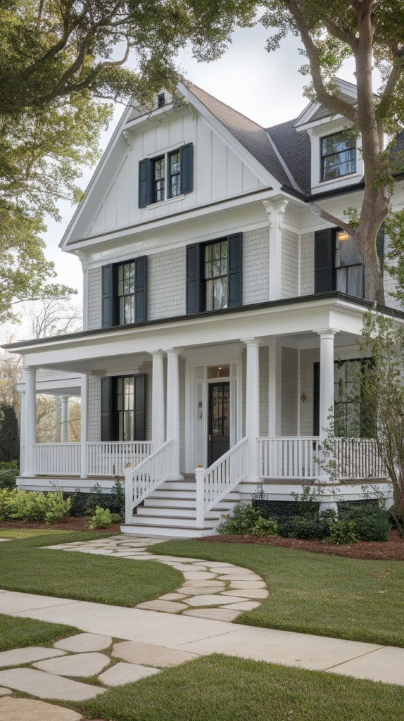 Farmhouse with bold colored front door
