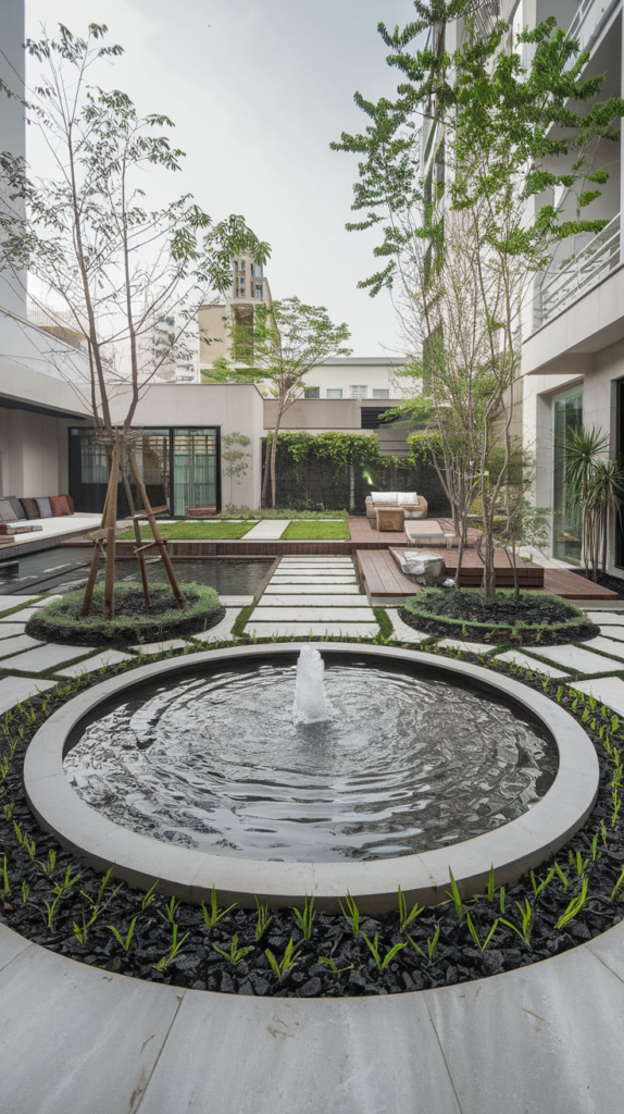 Raised pond with seating area