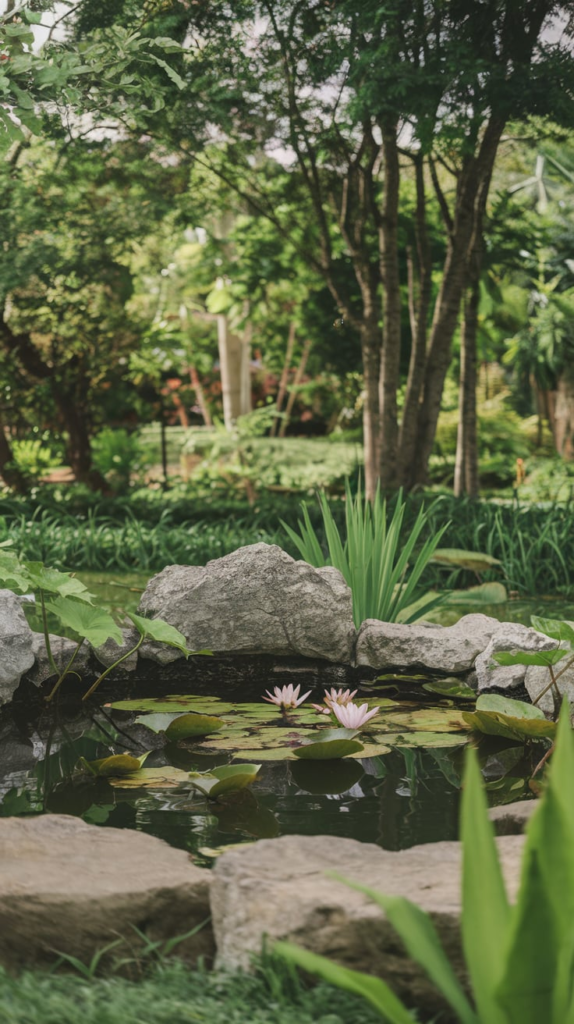 Hidden grotto by pond