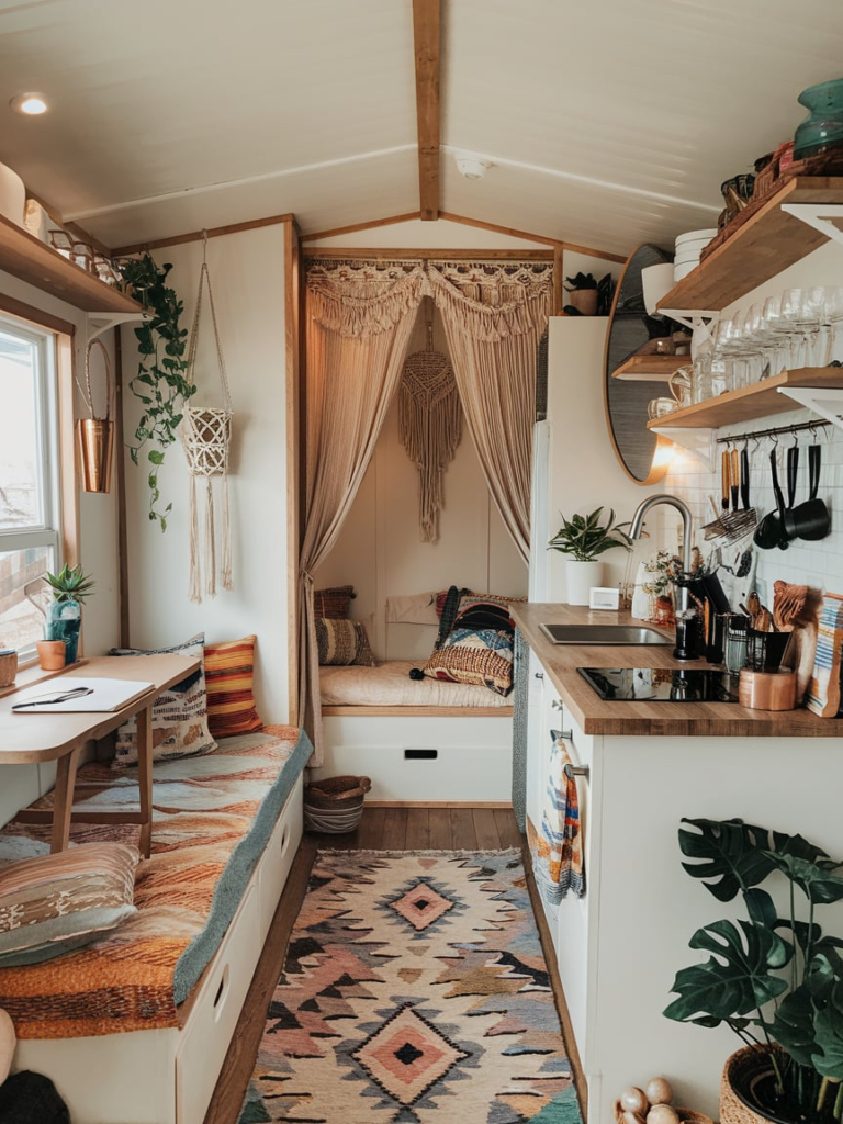 Boho style she shed with layered rugs and macrame