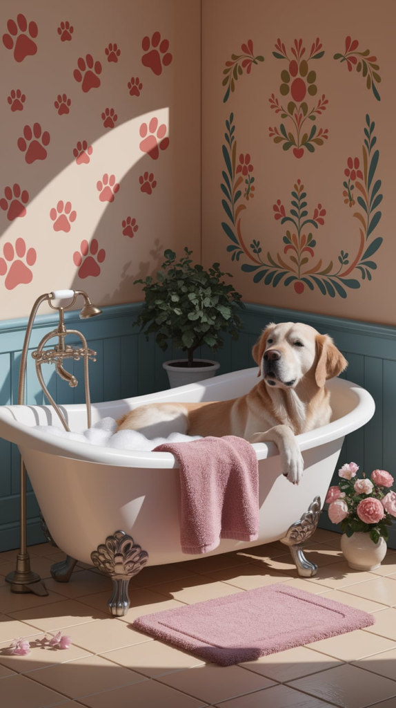 Pet pampering area in she shed