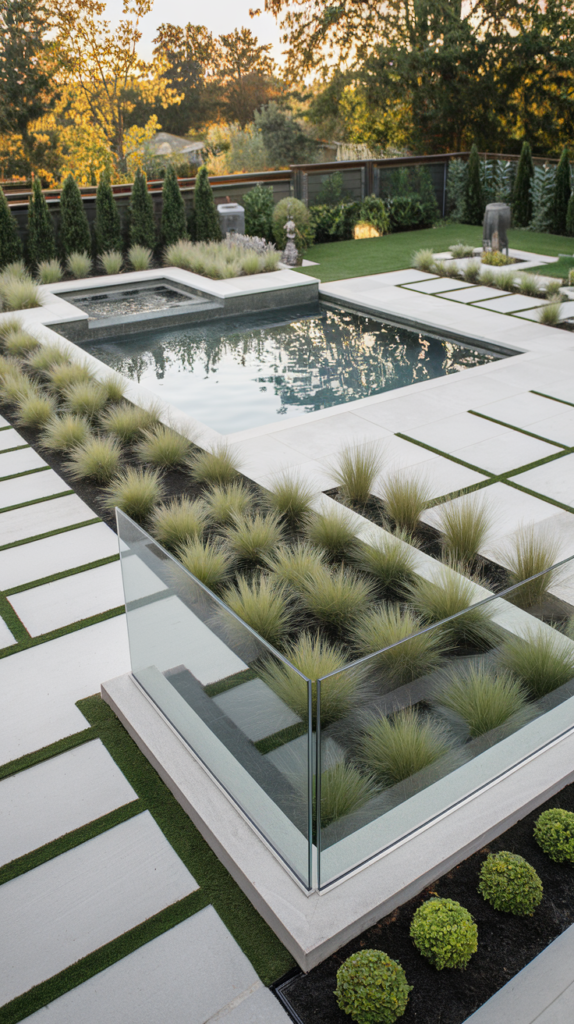 Pool area with fire bowls and waterfall