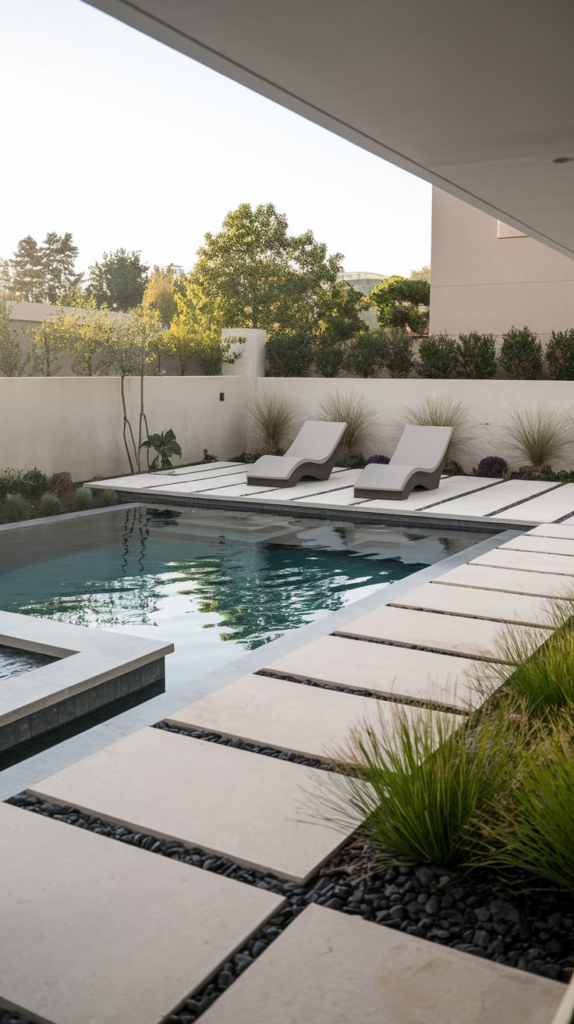 Poolside pergola with white curtains