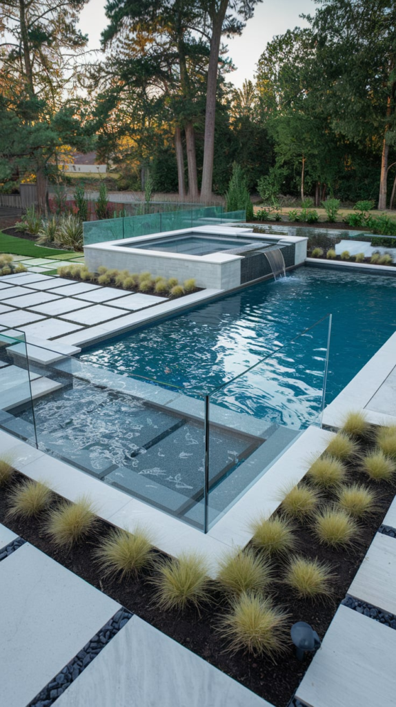 Mediterranean pool area with terracotta tiles and olive trees