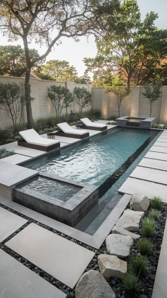 Natural rock waterfall beside pool