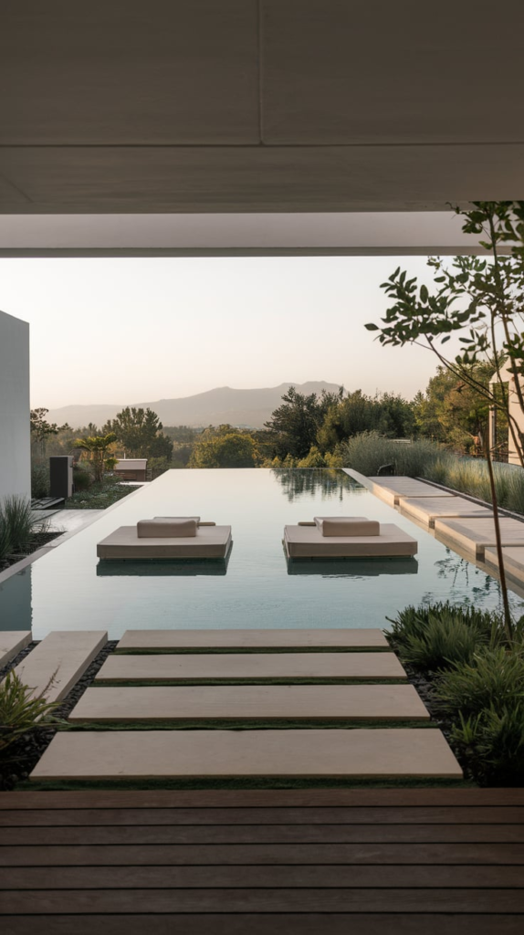 Raised planters and green walls by pool
