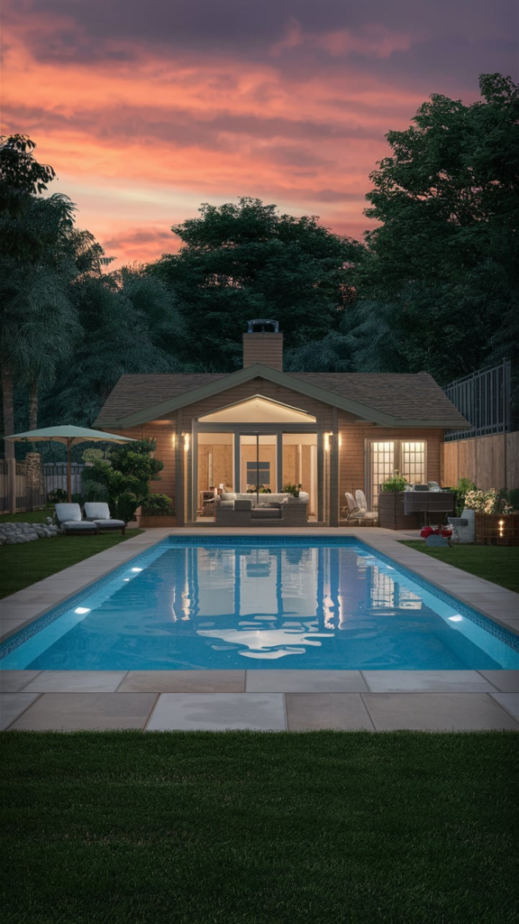 White picket fence with flowers around pool
