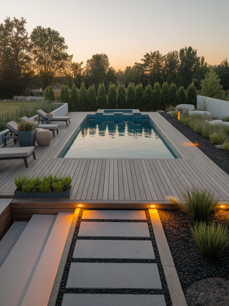 Luxurious backyard pool with landscaping