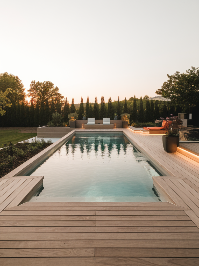 Koi pond next to pool with stepping stones